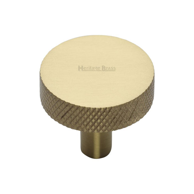 This is an image of a Heritage Brass - Cabinet Knob Knurled Disc Design 32mm Satin Brass Finish, c3884-32-sb that is available to order from Trade Door Handles in Kendal.