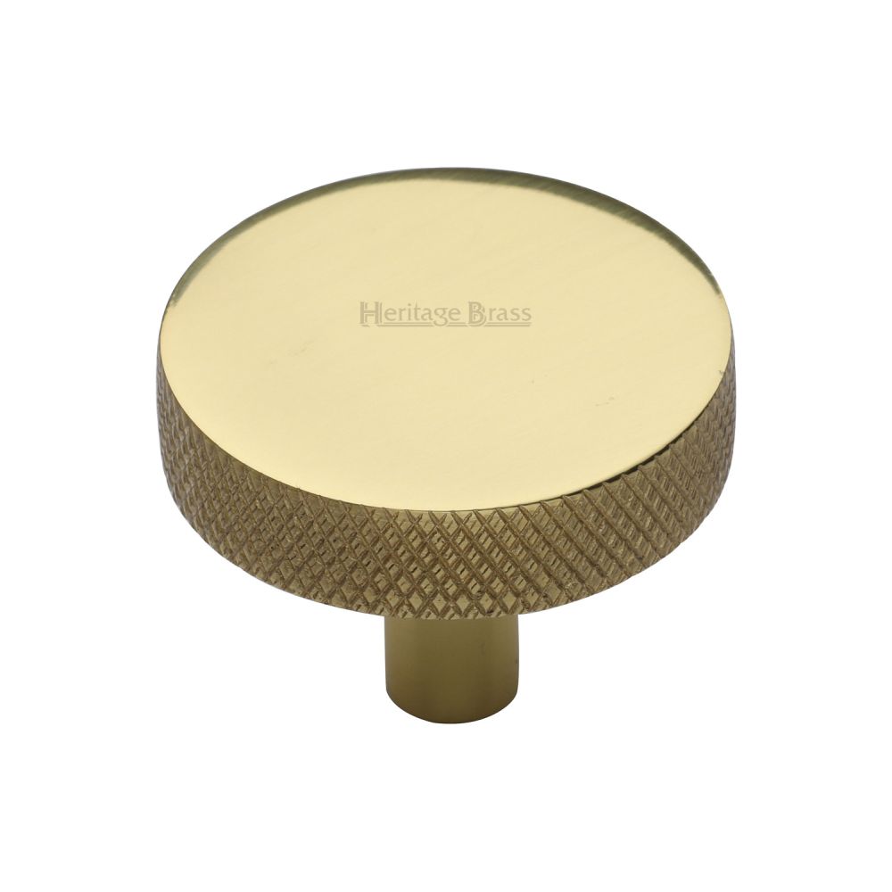 This is an image of a Heritage Brass - Cabinet Knob Knurled Disc Design 38mm Polished Brass Finish, c3884-38-pb that is available to order from Trade Door Handles in Kendal.