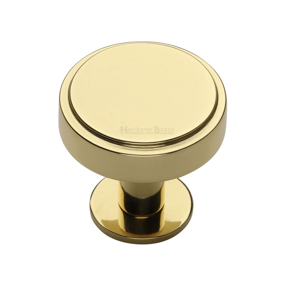 This is a image of a Heritage Brass - Cabinet Knob Stepped Disc Design with Rose 32mm Pol. Brass Fini that is available to order from Trade Door Handles in Kendal