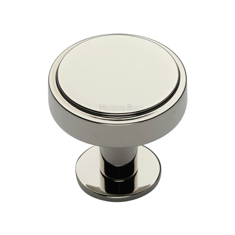 This is an image of a Heritage Brass - Cabinet Knob Stepped Disc Design with Rose 32mm Polished Nickel Fin, c3954-32-pnf that is available to order from Trade Door Handles in Kendal.