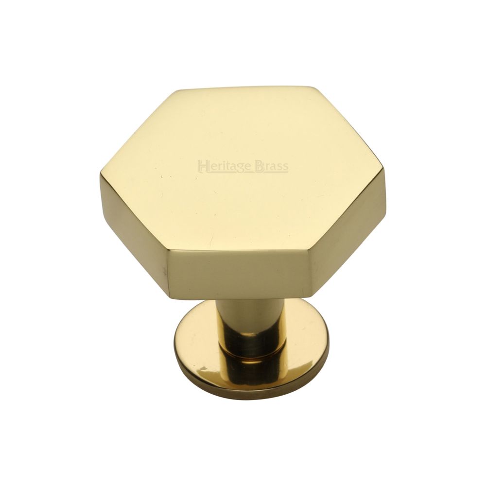 This is an image of a Heritage Brass - Cabinet Knob Hexagon Design with Rose 32mm Polished Brass Finish, c4345-32-pb that is available to order from Trade Door Handles in Kendal.