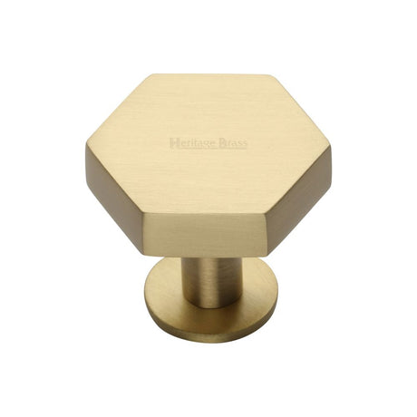 This is an image of a Heritage Brass - Cabinet Knob Hexagon Design with Rose 32mm Satin Brass Finish, c4345-32-sb that is available to order from Trade Door Handles in Kendal.