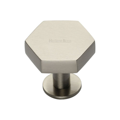 This is an image of a Heritage Brass - Cabinet Knob Hexagon Design with Rose 32mm Satin Nickel Finish, c4345-32-sn that is available to order from Trade Door Handles in Kendal.