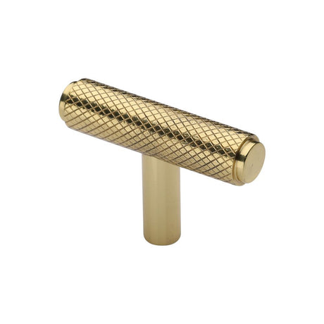 This is an image of a Heritage Brass - Cabinet Knob Knurled T-Bar Design 45mm Polished Brass Finish, c4415-pb that is available to order from Trade Door Handles in Kendal.