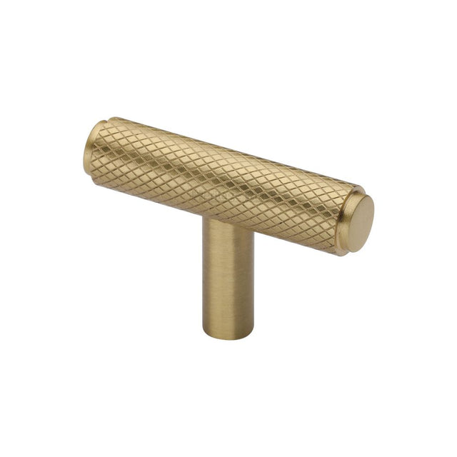 This is an image of a Heritage Brass - Cabinet Knob Knurled T-Bar Design 45mm Satin Brass Finish, c4415-sb that is available to order from Trade Door Handles in Kendal.