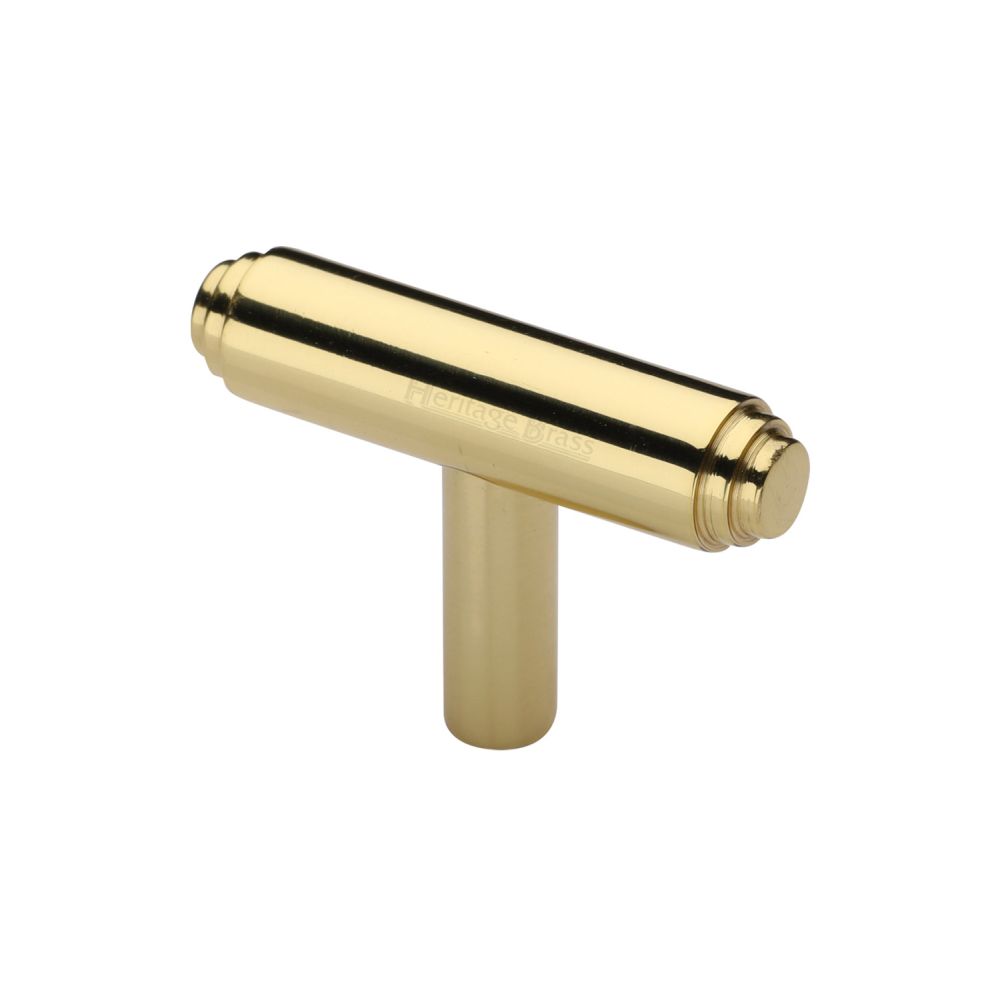 This is an image of a Heritage Brass - Cabinet Knob Stepped T-Bar Design 45mm Polished Brass Finish, c4445-pb that is available to order from Trade Door Handles in Kendal.