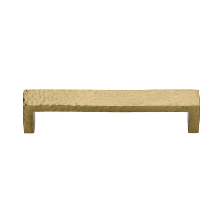 This is an image of a Heritage Brass - Cabinet Pull Hammered Wide Metro Design 128mm CTC Satin Brass Fi, c4525-128-sb that is available to order from Trade Door Handles in Kendal.