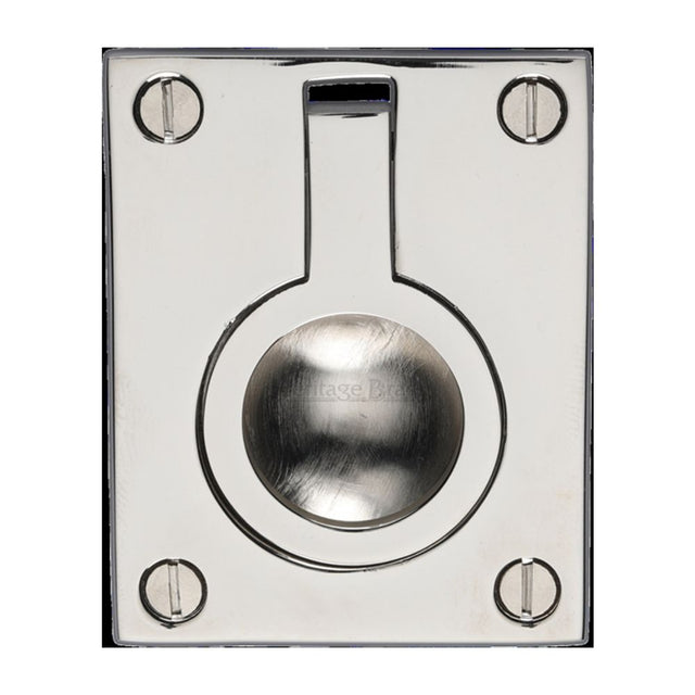This is a image of a Heritage Brass - Cabinet Pull Flush Ring Design 50mm Pol. Nickel Finish that is available to order from Trade Door Handles in Kendal