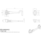 This image is a line drwaing of a Eurospec - Silent Pattern Cabin Hook 100mm - Satin Stainless Steel available to order from Trade Door Handles in Kendal