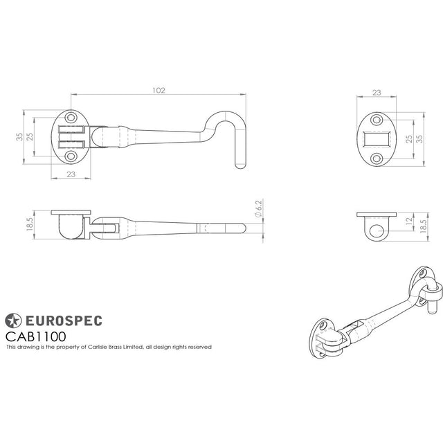 This image is a line drwaing of a Eurospec - Silent Pattern Cabin Hook 100mm - Bright Stainless Steel available to order from Trade Door Handles in Kendal