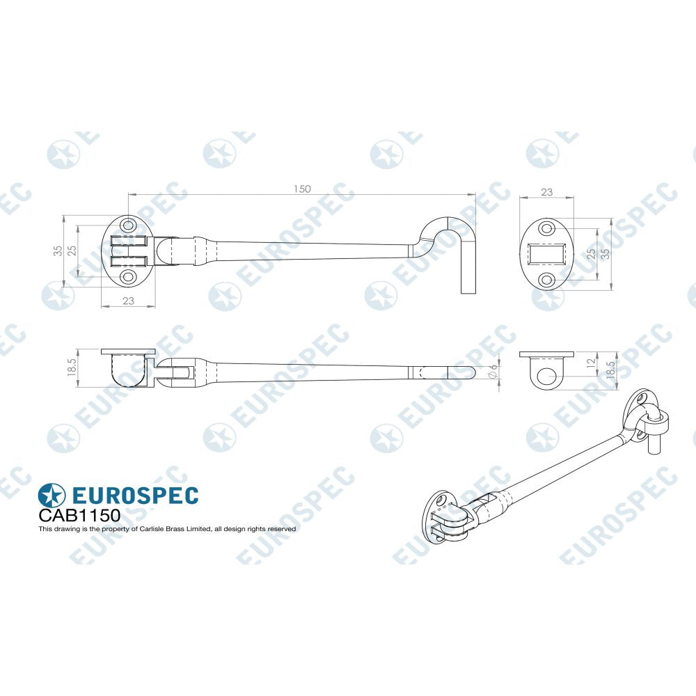 This image is a line drwaing of a Eurospec - Silent Pattern Cabin Hook 150mm - Satin Stainless Steel available to order from Trade Door Handles in Kendal