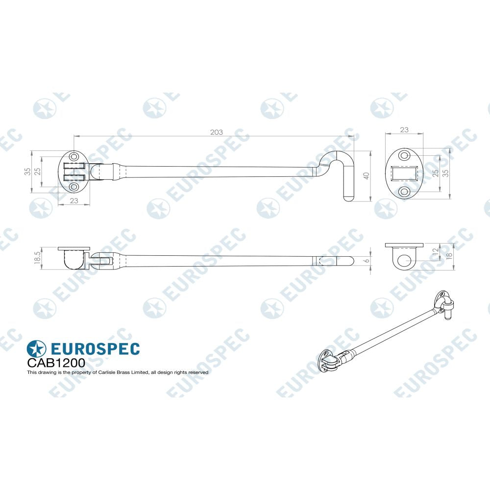 This image is a line drwaing of a Eurospec - Silent Pattern Cabin Hook 200mm - Satin Stainless Steel available to order from Trade Door Handles in Kendal