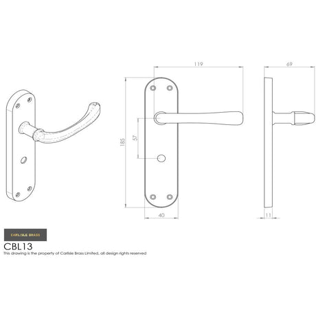 This image is a line drwaing of a Carlisle Brass - Ibra Lever On Backplate - Bathroom 57Mm C/C - Satin Chrome available to order from Trade Door Handles in Kendal