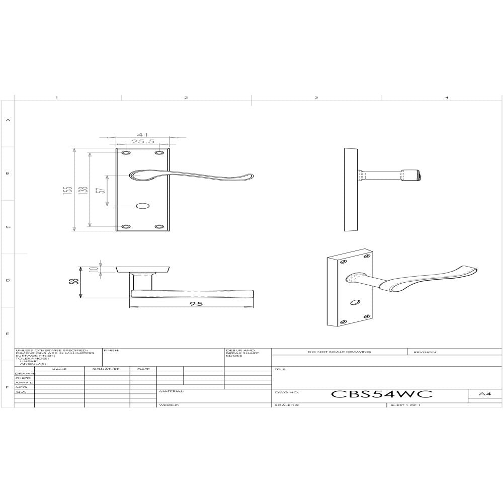 This image is a line drwaing of a Carlisle Brass - Contract Victorian Scroll Lever on WC Backplate - Satin Chrome available to order from Trade Door Handles in Kendal