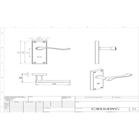 This image is a line drwaing of a Carlisle Brass - Contract Victorian Scroll Lever on WC Backplate - Polished Bras available to order from Trade Door Handles in Kendal