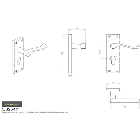 This image is a line drwaing of a Carlisle Brass - Contract Victorian Scroll Lever on Euro Lock Backplate - Polish available to order from Trade Door Handles in Kendal