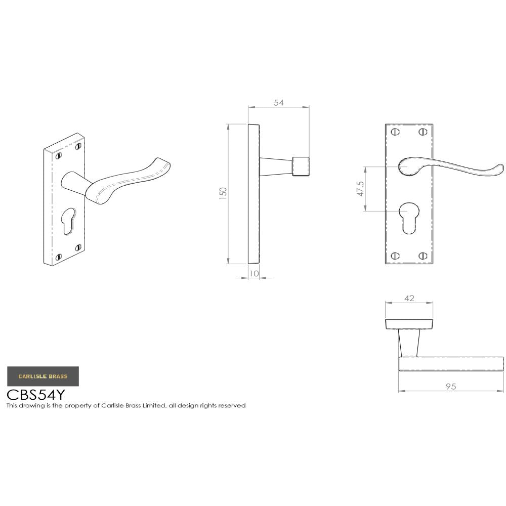 This image is a line drwaing of a Carlisle Brass - Contract Victorian Scroll Lever on Euro Lock Backplate - Polish available to order from Trade Door Handles in Kendal