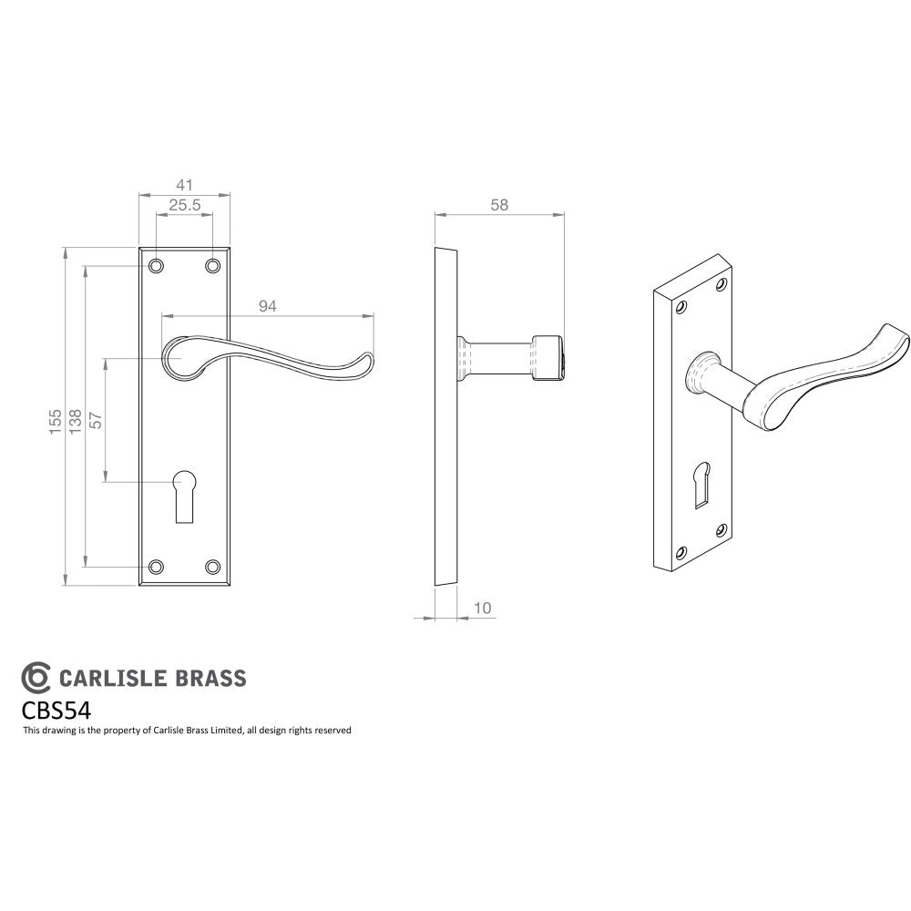 This image is a line drwaing of a Carlisle Brass - Contract Victorian Scroll Lever on Lock Backplate - Polished Ch available to order from Trade Door Handles in Kendal