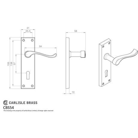 This image is a line drwaing of a Carlisle Brass - Contract Victorian Scroll Lever on Lock Backplate - Polished Ch available to order from Trade Door Handles in Kendal