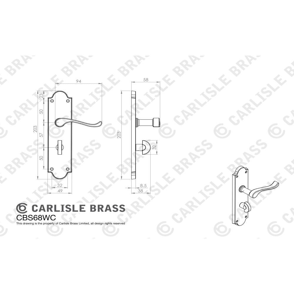 This image is a line drwaing of a Carlisle Brass - Victorian Scroll Lever On Shaped Backplate - Bathroom 57Mm C/C available to order from Trade Door Handles in Kendal