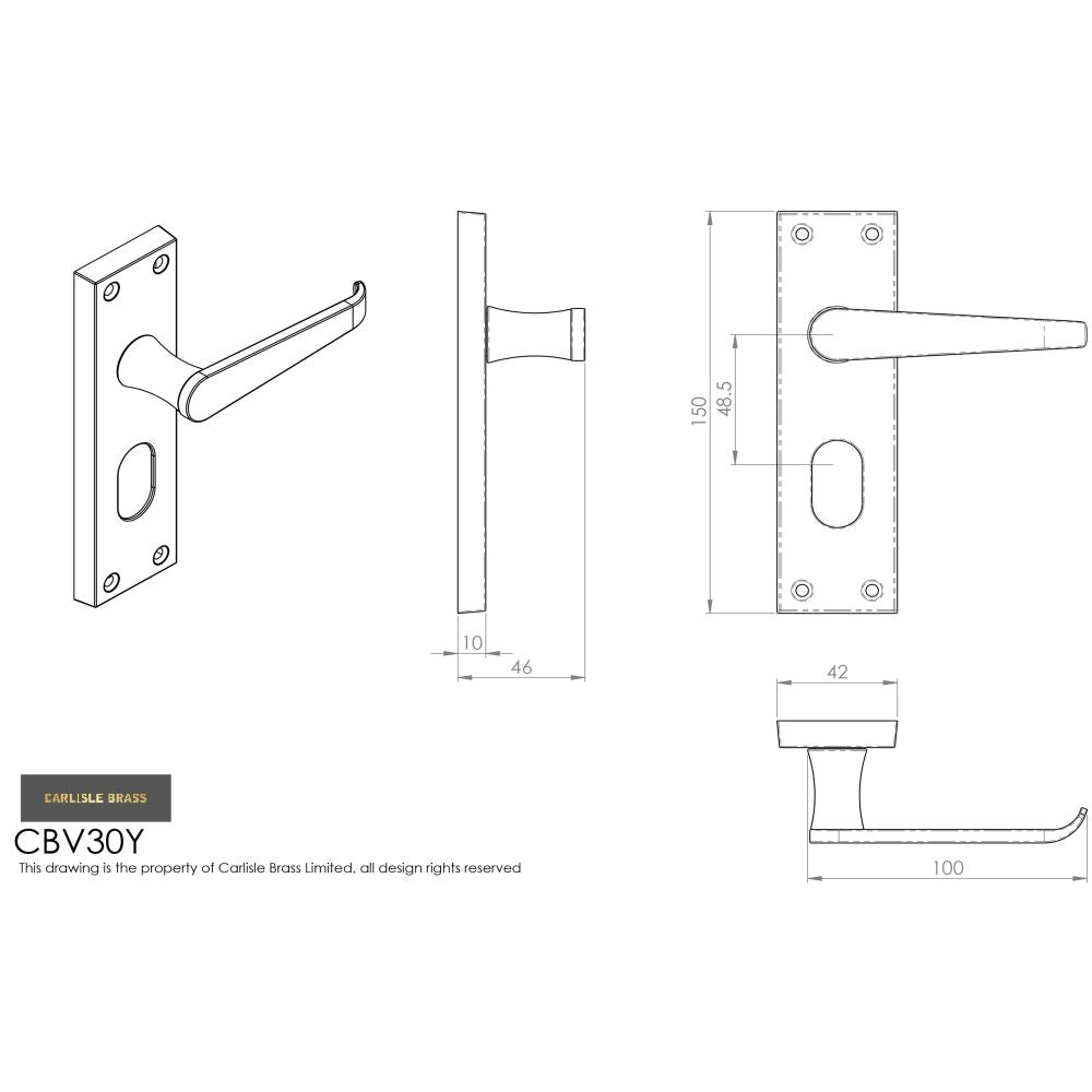 This image is a line drwaing of a Carlisle Brass - Contract Victorian Lever on Euro Lock Backplate - Polished Chro available to order from Trade Door Handles in Kendal