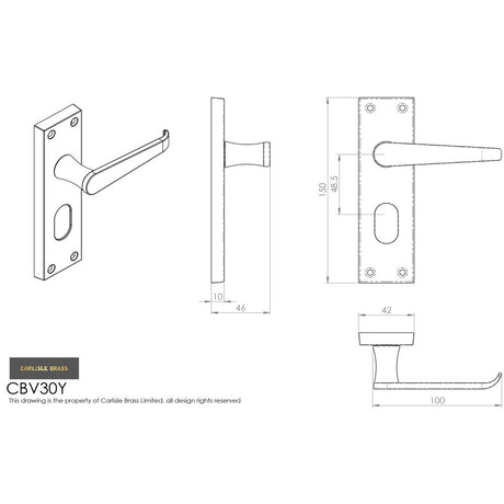 This image is a line drwaing of a Carlisle Brass - Contract Victorian Lever on Euro Lock Backplate - Polished Bras available to order from Trade Door Handles in Kendal