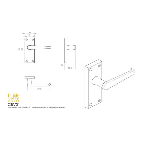 This image is a line drwaing of a Carlisle Brass - Contract Victorian Lever on Latch Backplate - Satin Chrome available to order from Trade Door Handles in Kendal