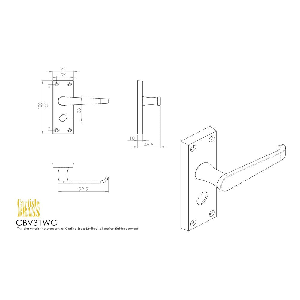 This image is a line drwaing of a Carlisle Brass - Contract Victorian Lever on Privacy Backplate - Satin Chrome available to order from Trade Door Handles in Kendal