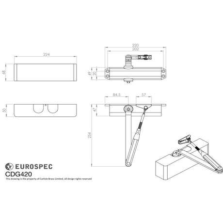 This image is a line drwaing of a Eurospec - Overhead Door Closer En2-4 C/W Bc Fig 6 Bracket En1154 available to order from Trade Door Handles in Kendal