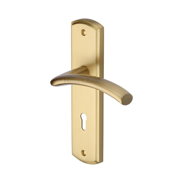 This is an image of a Heritage Brass - Door Handle Lever Lock Centaur Design Satin Brass Finish, cen1000-sb that is available to order from Trade Door Handles in Kendal.