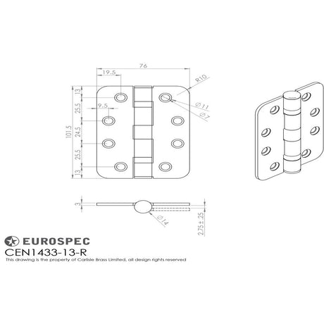 This image is a line drwaing of a Eurospec - Enduro Grade 13 Ball Bearing Hinge, (Radius) Grade 316 - SSS available to order from Trade Door Handles in Kendal