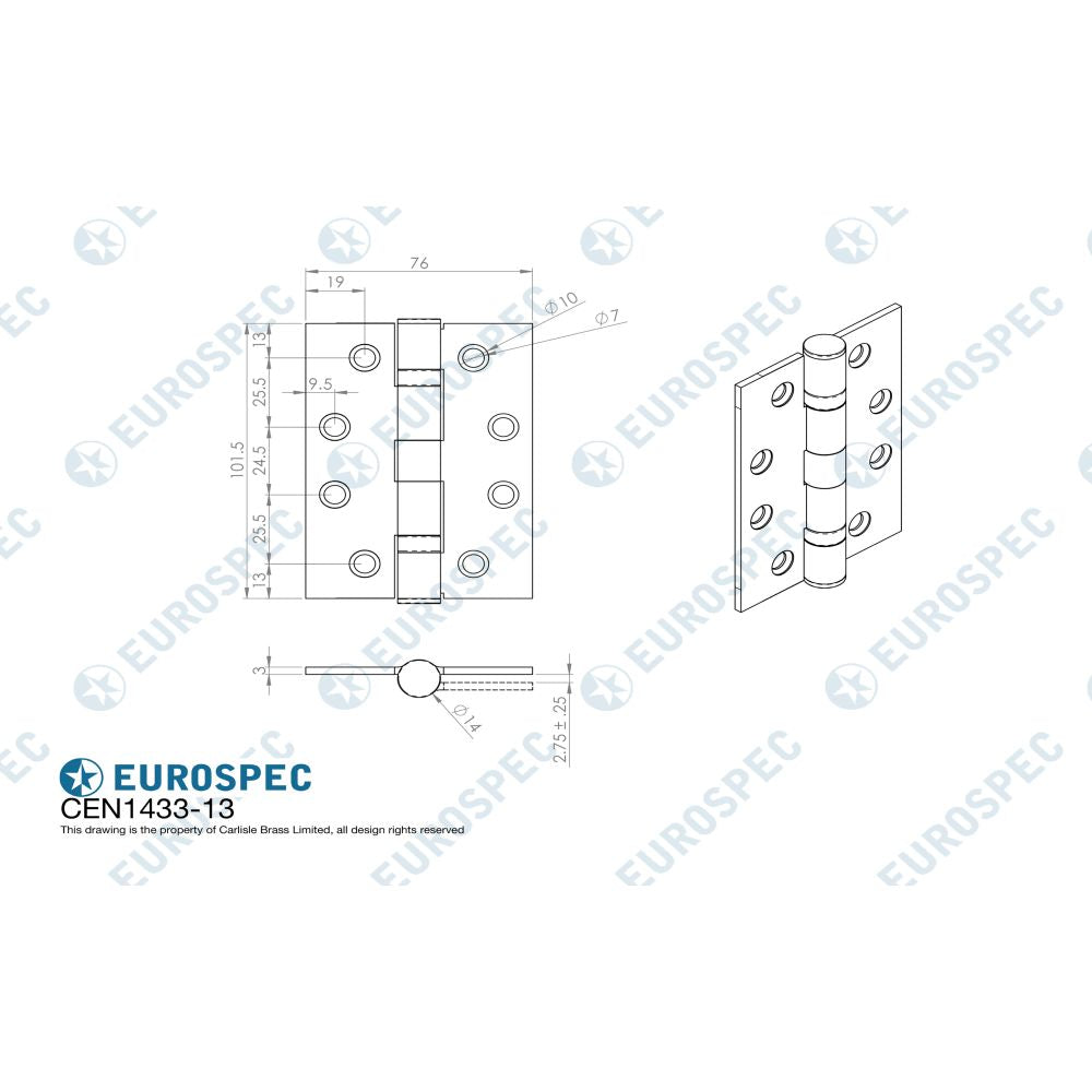 This image is a line drwaing of a Eurospec - Enduro Grade 13 Ball Bearing Hinge 102 x 76mm, Grade 316 Stainless Steel - BSS available to order from Trade Door Handles in Kendal