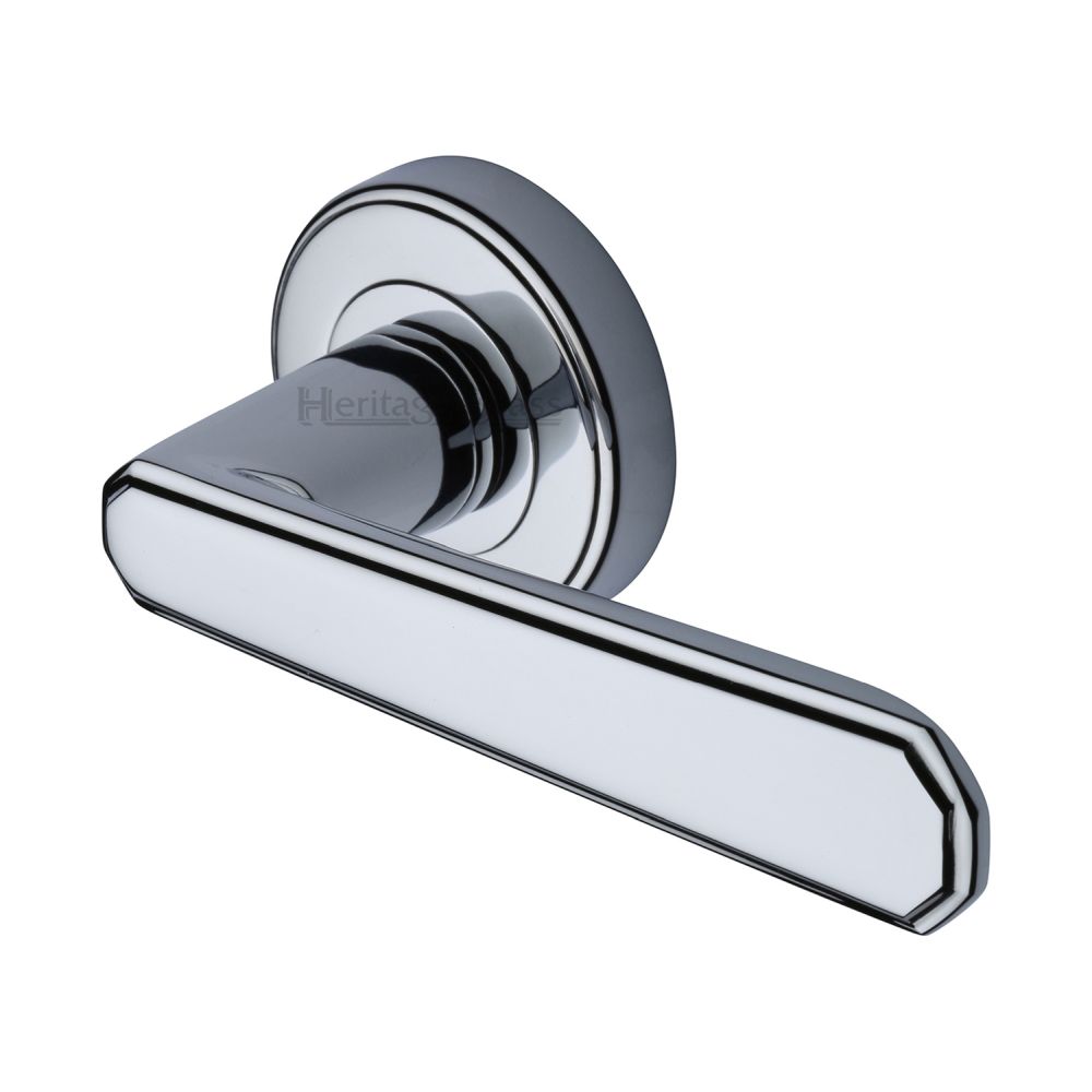 This is an image of a Heritage Brass - Door Handle Lever Latch on Round Rose Century Design Polished Chrom, cen1924-pc that is available to order from Trade Door Handles in Kendal.