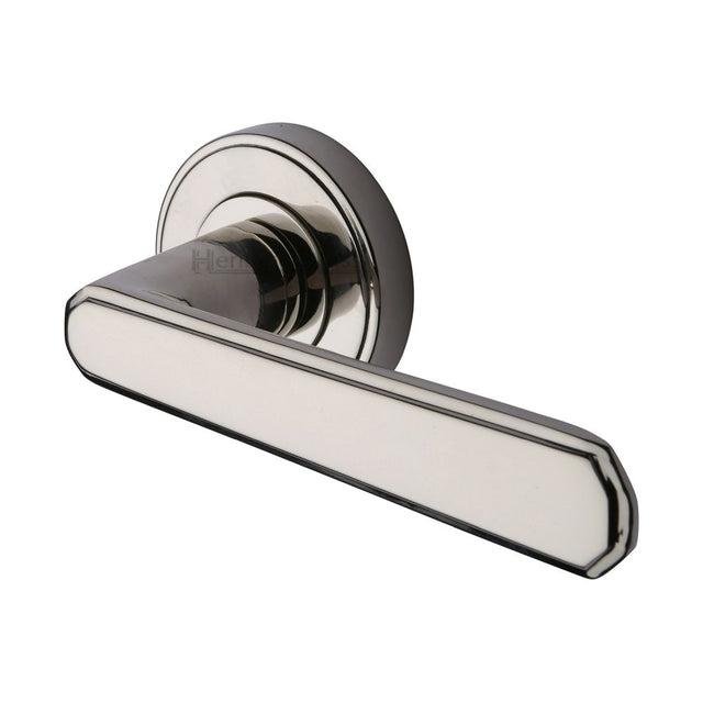 This is an image of a Heritage Brass - Door Handle Lever Latch on Round Rose Century Design Polished Nicke, cen1924-pnf that is available to order from Trade Door Handles in Kendal.