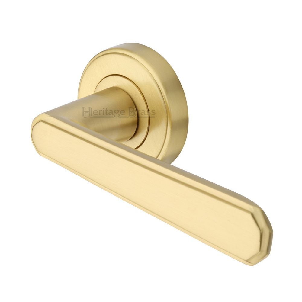 This is an image of a Heritage Brass - Door Handle Lever Latch on Round Rose Century Design Satin Brass, cen1924-sb that is available to order from Trade Door Handles in Kendal.