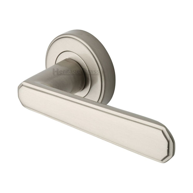 This is an image of a Heritage Brass - Door Handle Lever Latch on Round Rose Century Design Satin Nicke, cen1924-sn that is available to order from Trade Door Handles in Kendal.