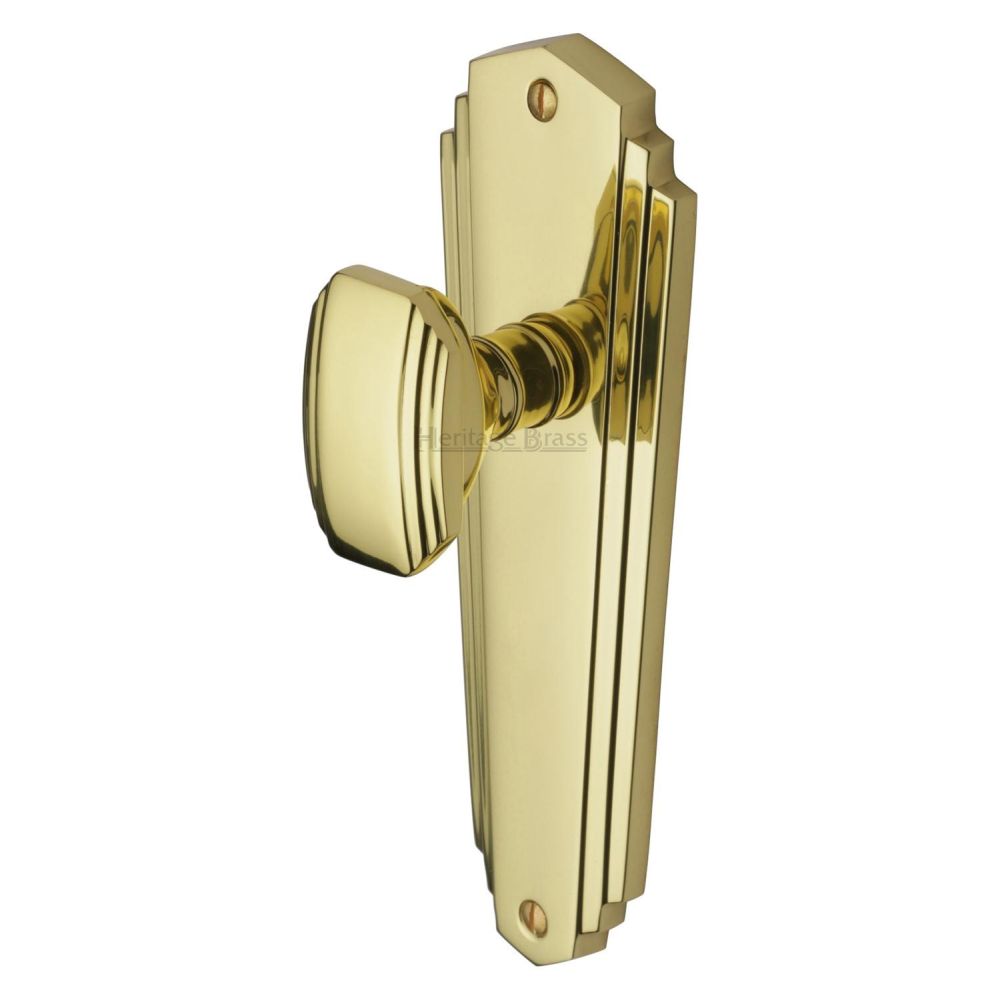 This is an image of a Heritage Brass - Mortice Knob on Latch Plate Charlston Design Polished Brass Finish, cha1910-pb that is available to order from Trade Door Handles in Kendal.