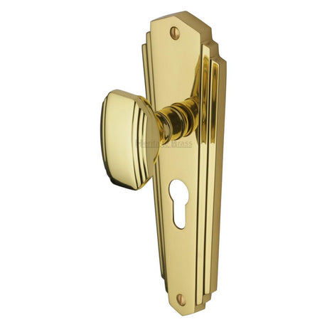 This is an image of a Heritage Brass - Mortice Knob on Euro Profile Plate Charlston Design Polished Brass, cha1948-pb that is available to order from Trade Door Handles in Kendal.