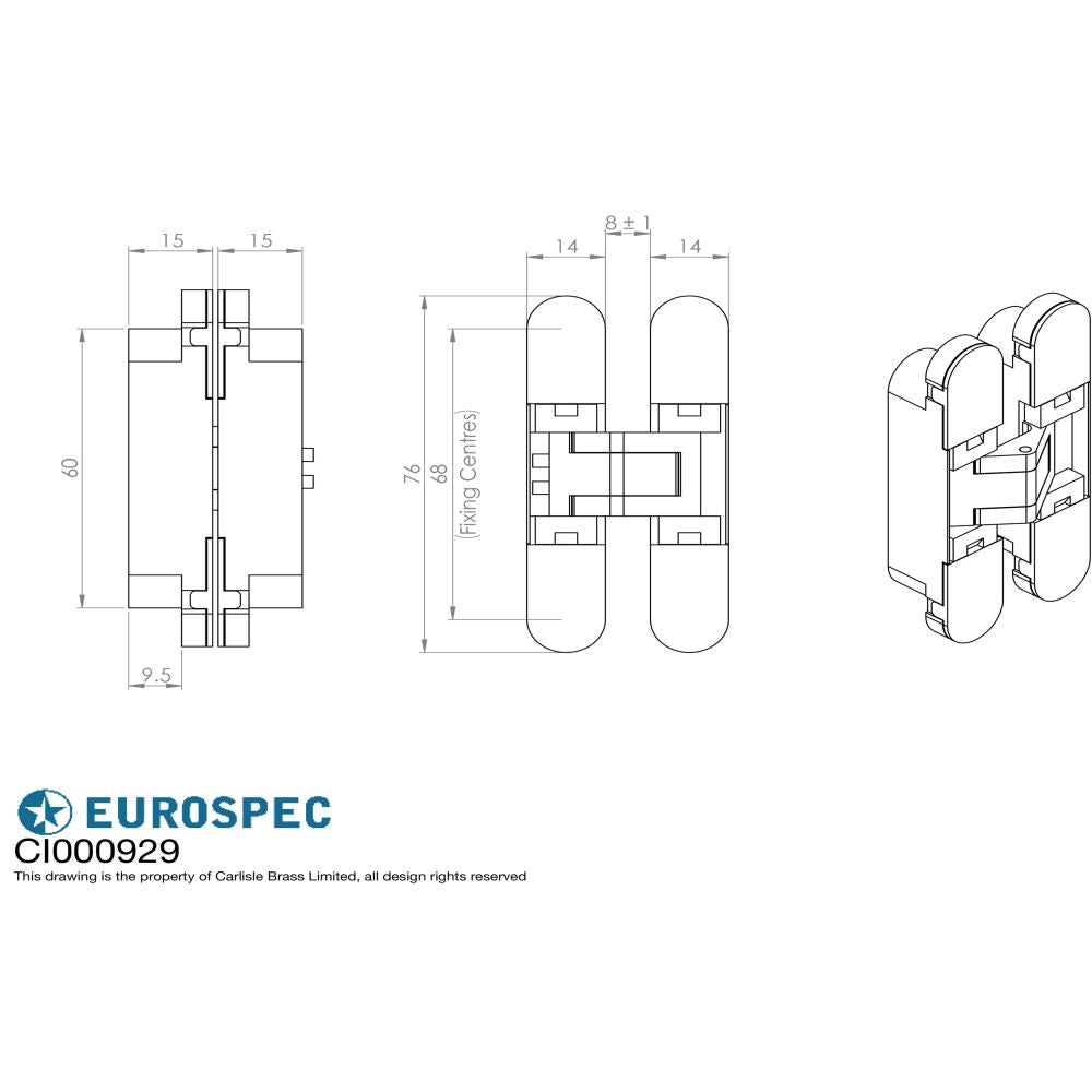 This image is a line drwaing of a Eurospec - Ceam 3d Concealed Hinge 929 76mm - Matt Black Varnish available to order from Trade Door Handles in Kendal