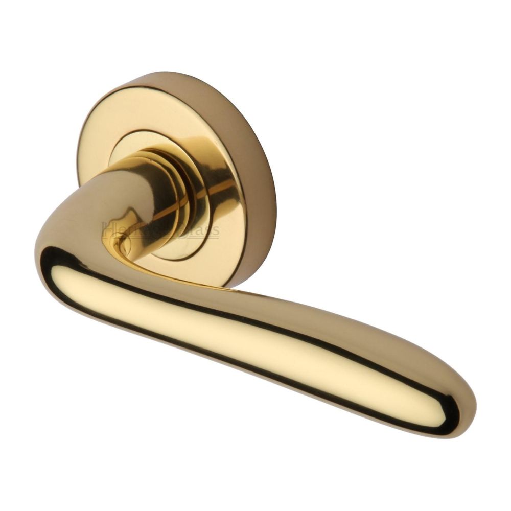 This is an image of a Heritage Brass - Door Handle Lever Latch on Round Rose Columbus Design Polished Bras, col1762-pb that is available to order from Trade Door Handles in Kendal.