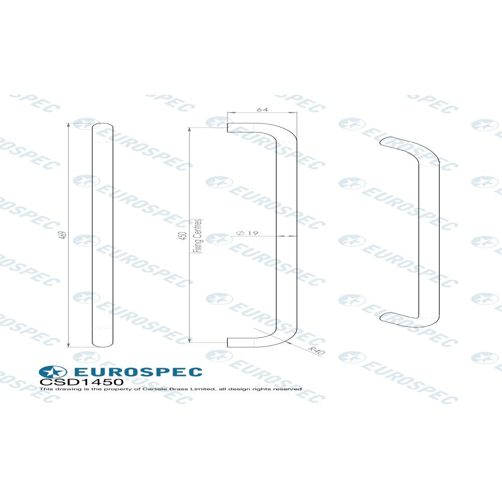 This image is a line drwaing of a Eurospec - 19mm D Pull Handle, 450mm Centres - Satin Stainless Steel available to order from Trade Door Handles in Kendal