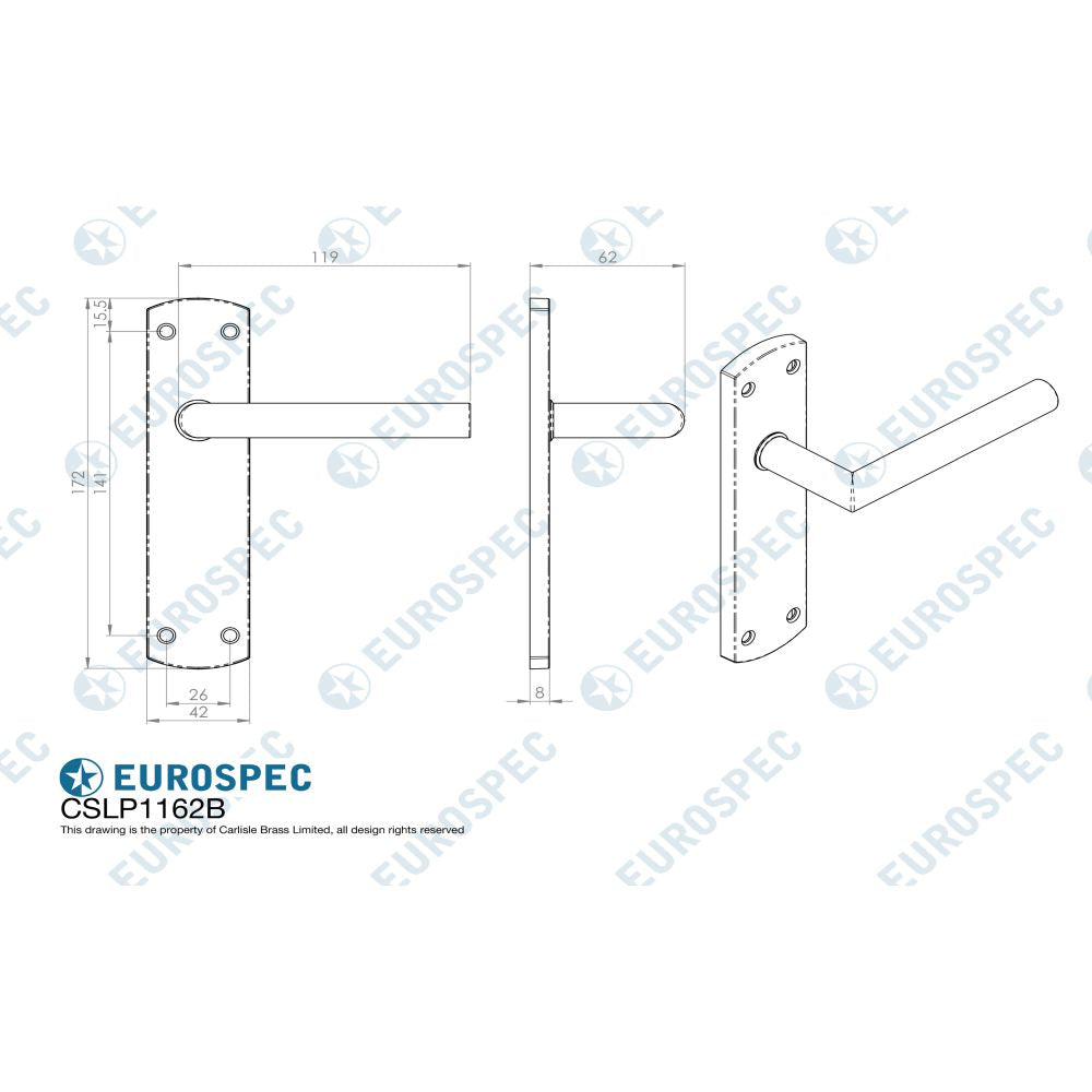 This image is a line drwaing of a Eurospec - Steelworx Residential Mitred Lever on Latch Backplate - Satin Stainle available to order from Trade Door Handles in Kendal