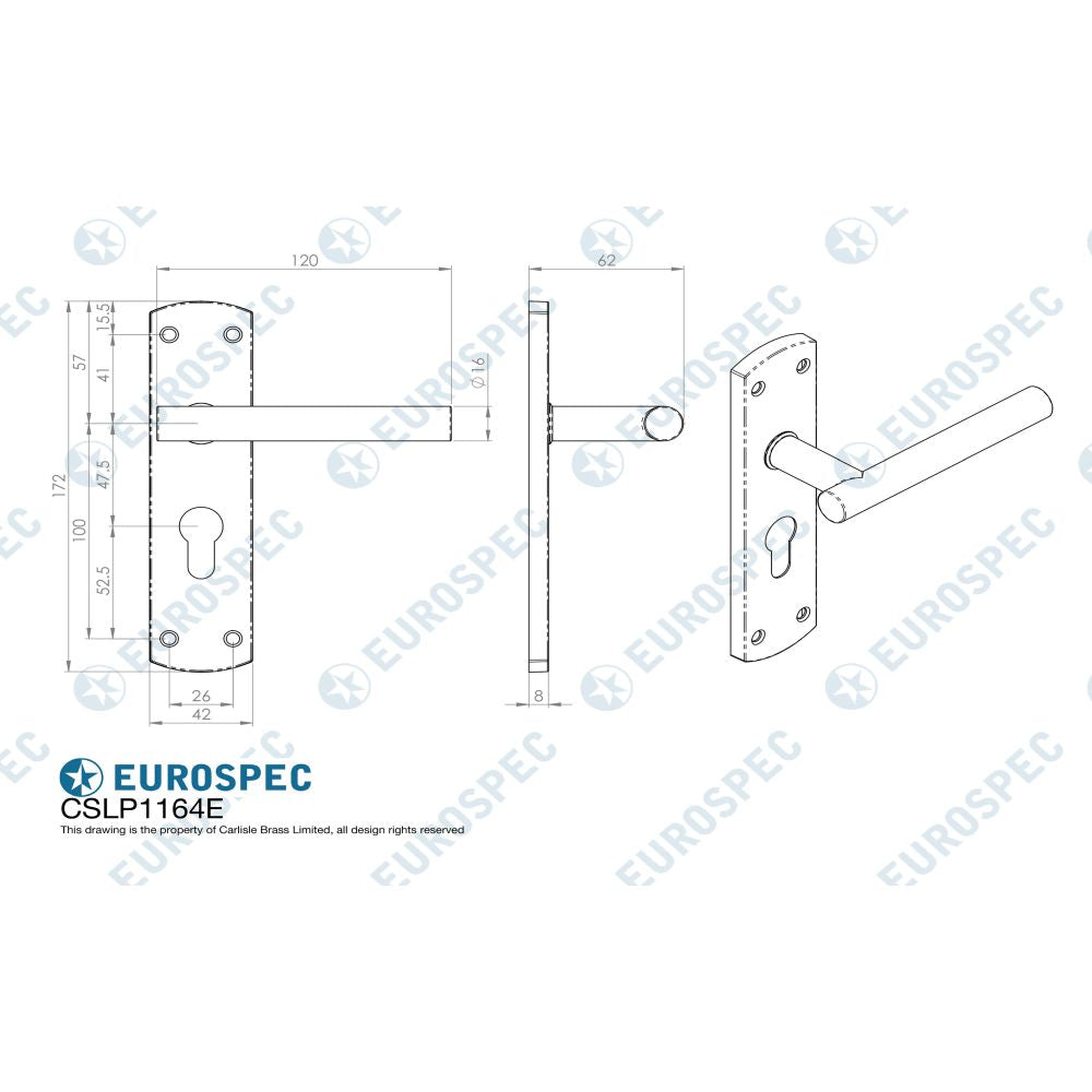 This image is a line drwaing of a Eurospec - Steelworx Residential T Bar Lever on Euro Lock Backplate - Satin Stai available to order from Trade Door Handles in Kendal