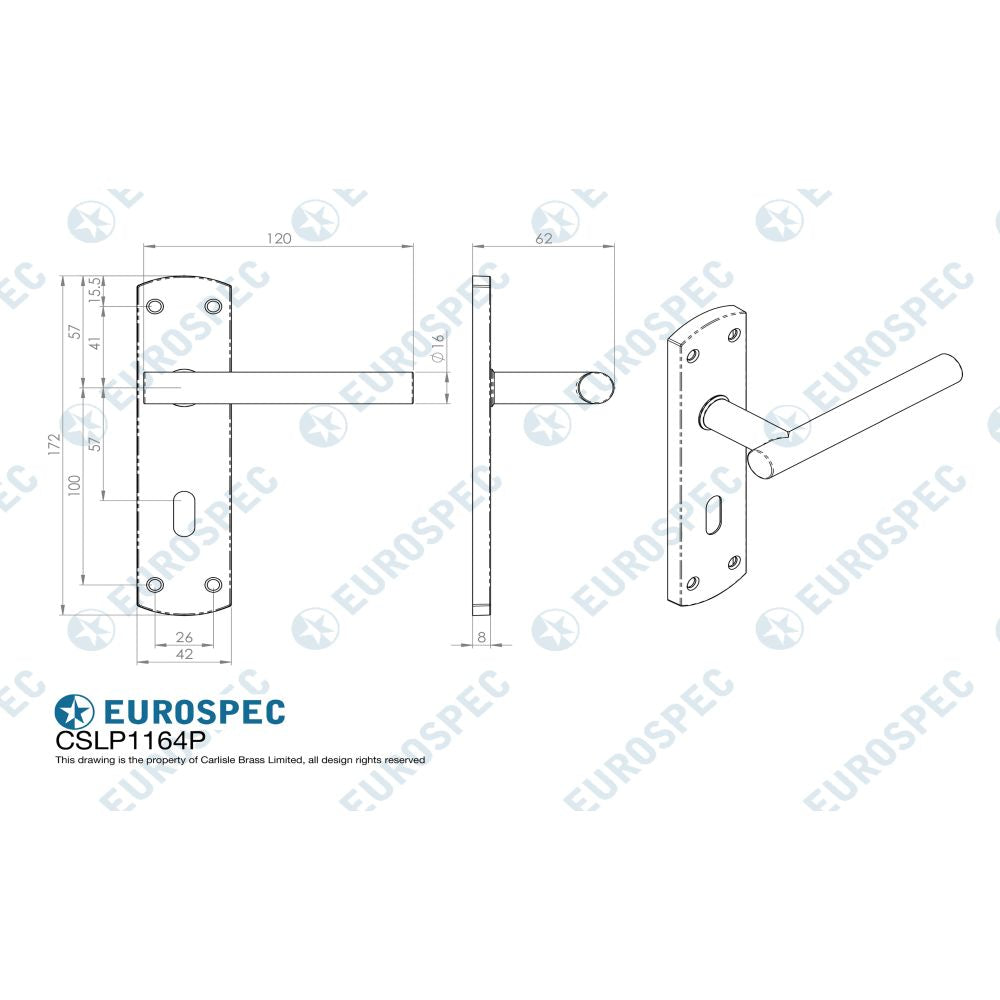 This image is a line drwaing of a Eurospec - Steelworx Residential T Bar Lever on Lock Backplate - Satin Stainless available to order from Trade Door Handles in Kendal