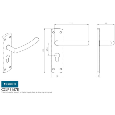 This image is a line drwaing of a Eurospec - Steelworx Residential Arched Lever on Euro Lock Backplate - Satin Sta available to order from Trade Door Handles in Kendal