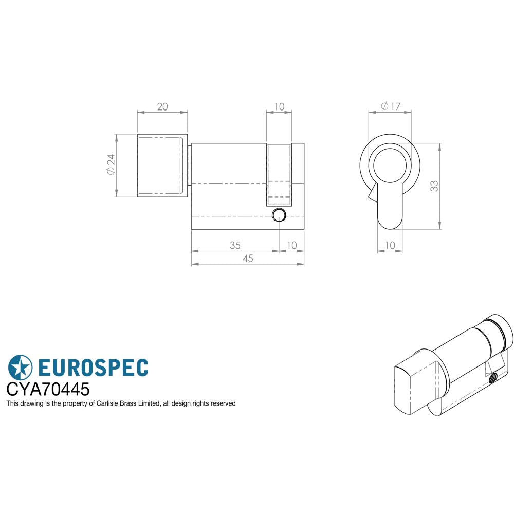 This image is a line drwaing of a Eurospec - Euro Single Thumbturn 45mm - Satin Chrome available to order from Trade Door Handles in Kendal