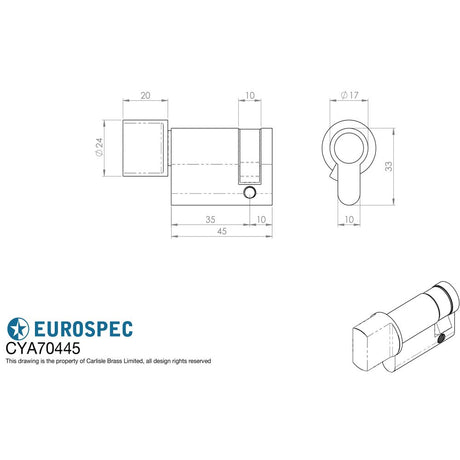 This image is a line drwaing of a Eurospec - Euro Single Thumbturn 45mm - Satin Chrome available to order from Trade Door Handles in Kendal