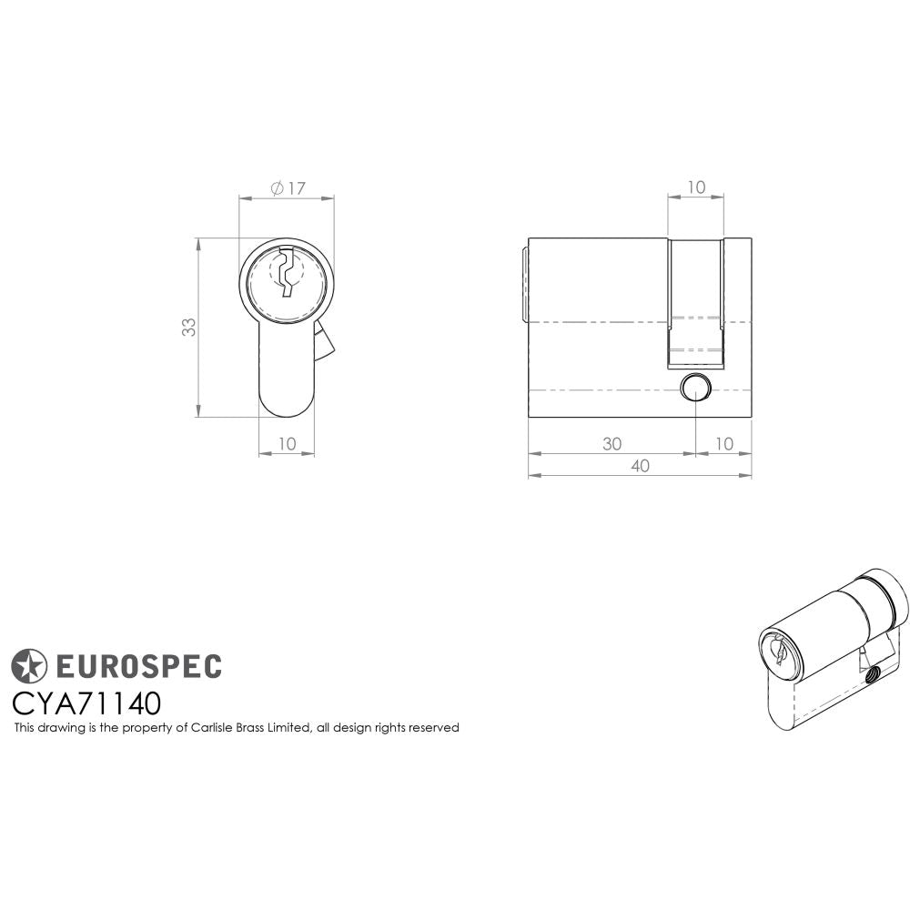 This image is a line drwaing of a Eurospec - Euro Single Cylinder - Satin Chrome available to order from Trade Door Handles in Kendal