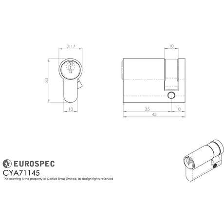 This image is a line drwaing of a Eurospec - Euro Single Cylinder - Satin Chrome available to order from Trade Door Handles in Kendal