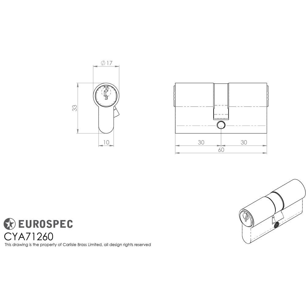 This image is a line drwaing of a Eurospec - Euro Double Cylinder - Satin Chrome available to order from Trade Door Handles in Kendal